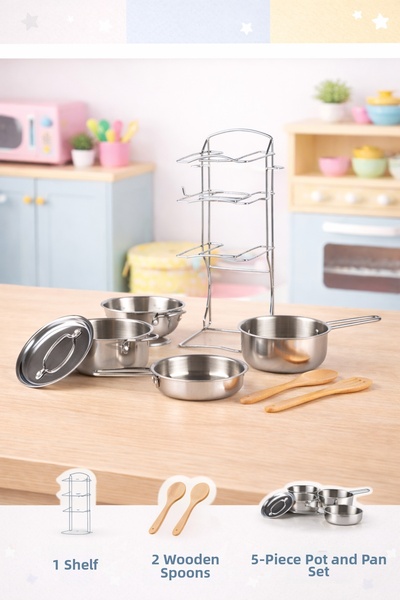 YILDIRIM OYUNCAK 8 Piece Steel Cookware Pan Toy Dollhouse Set with Rack