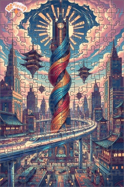 Teona Ahşap لغز خشبي بإطار ذو طابقين بمظهر لوحة زيتية لـ 'مدينة المستقبل' 150...