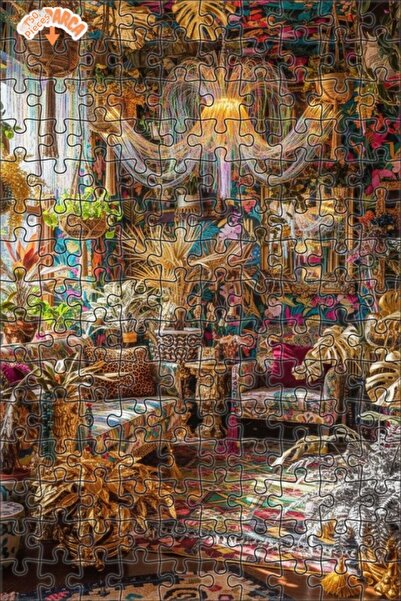 Teona Ahşap Golden Leaf Tropical Living Room Oil Painting Double-Decker Frame...