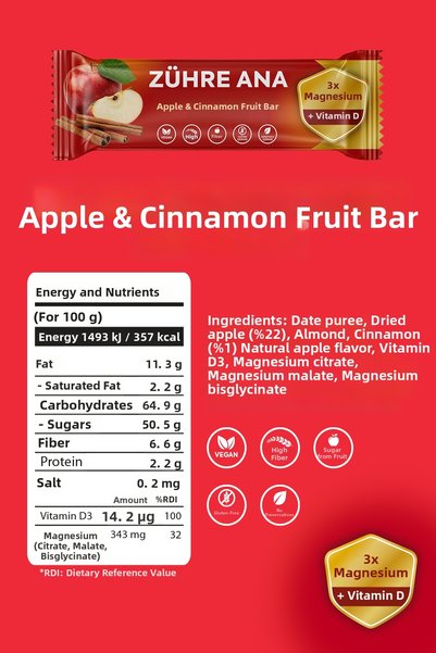 Zühre Ana 3-Pack of Fruit Bar Containing Magnesium and Vitamin D, Apple and Cinnamon Without Added Sugar 35 Gr X 12 Pieces