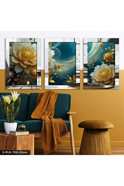 Evinemoda White Flower with Gold Leaves 3 Piece Plexiglass Mirrored Table