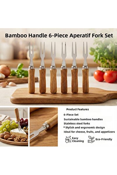 LOVYCO Bamboo Forks Bamboo Handle Mini 6-Piece Fruit, Olive Cocktail Fork