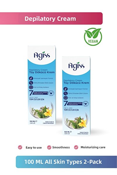 AGISS كريم إزالة الشعر لجميع أنواع البشرة 100 مل، عبوة من قطعتين