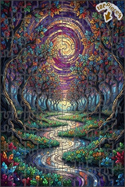 Teona Ahşap لغز خشبي مؤطر بطبقتين بتصميم فني يشبه الزجاج الملون لطريق الغابة ...