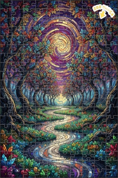 Teona Ahşap لغز خشبي مؤطر بطبقتين بتصميم فني يشبه الزجاج الملون لطريق الغابة ...