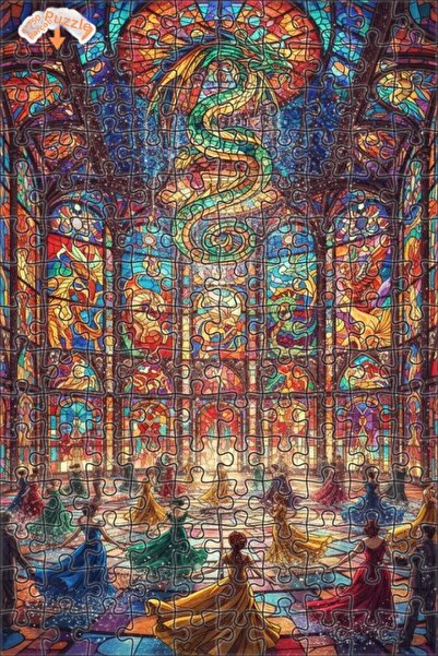Teona Ahşap Gorgeous Dragon Ballroom Stained Glass Art Double Layer Framed Wo...