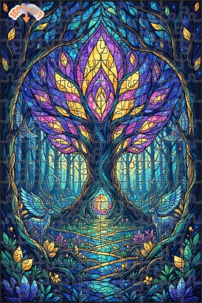 Teona Ahşap لغز خشبي مؤطر بطبقتين بمظهر فسيفساء زجاجي لشجرة الحياة في الغابة ...