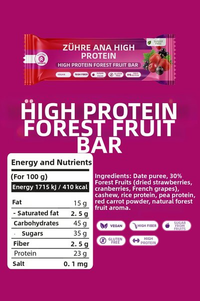 Zühre Ana High Protein Bar with Forest Fruits, No Added Sugar 40 g X 12 Pieces