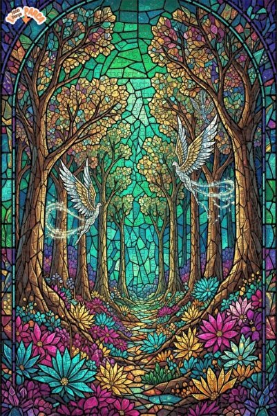 Teona Ahşap لغز خشبي مؤطر بطبقتين بتصميم فني من الزجاج الملون يصور طيور الغاب...