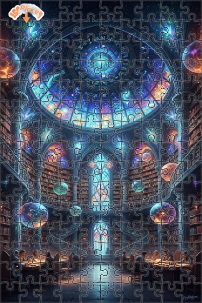 Teona Ahşap Galactic Library Oil Painting Look Double Layer Framed Wooden Puz...