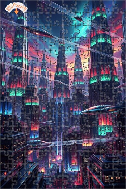 Teona Ahşap Futuristic City Lights Oil Painting Look Double Layer Framed Wood...