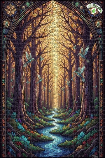 Teona Ahşap لغز خشبي مؤطر بطبقتين بتصميم فن الزجاج الملون لطيور الغابة السحري...