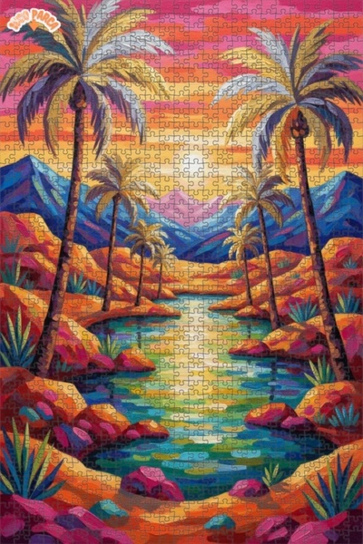 Teona Ahşap لوحة زيتية لمنظر واحة مع أشجار النخيل، بازل خشبي مؤطر بطبقتين 100...