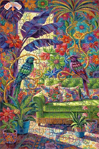Teona Ahşap Tropical Paradise Parrots Oil Painting Look Wood Puzzle 150 Piece...