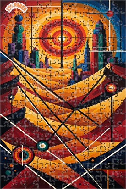 Teona Ahşap Geometric Cityscape Oil Painting Look Double Layer Framed Wooden ...