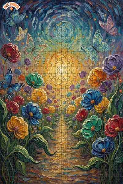 Teona Ahşap Shining Butterflies and Colorful Flowers Oil Painting Look Art Wo...