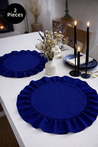 ÇIQRIK HOME 2 Pieces Navy Blue Natural Ruffled Vintage Linen American Placema...