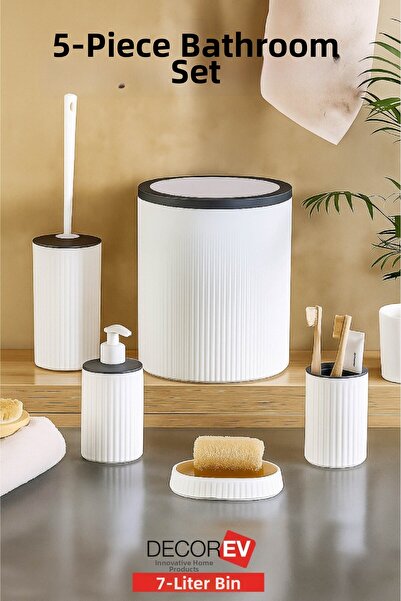decorev 5 Piece Modern Bathroom Accessory Set – with 7 Liter Bucket – White-A...