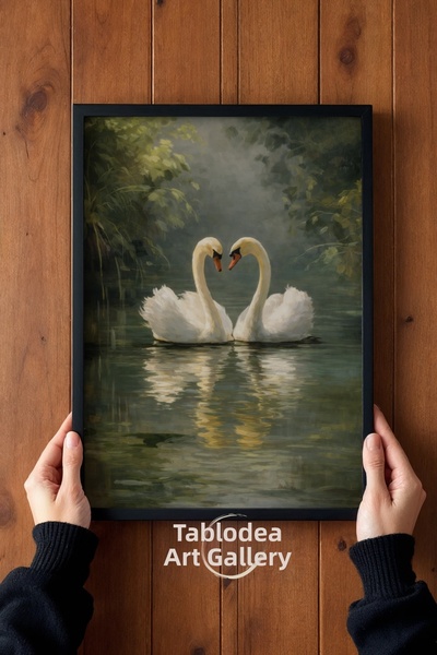 tablodea Lebede romantice în stil pictură în ulei, afiș decorativ înrămat vin...