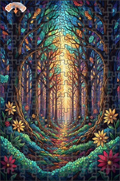Teona Ahşap Magical Forest Radiance Stained Glass Art Pattern Double Layer Fr...