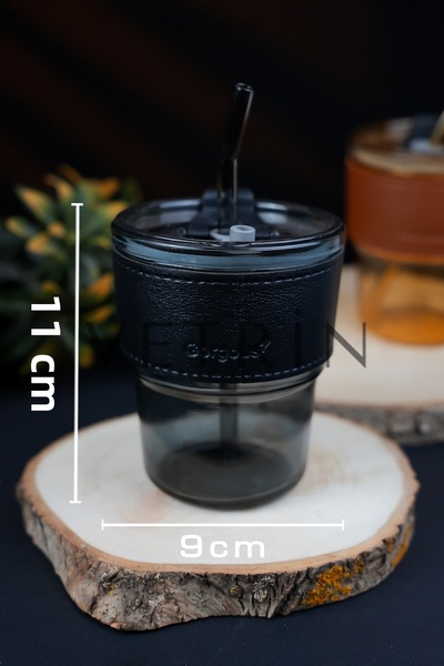 VETRİN 450ml Heat Resistant Borosilicate Retro Leather Stripe Cup with Straw