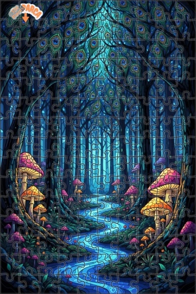 Teona Ahşap Mysterious Forest River Colorful Mushrooms Oil Painting Double-De...