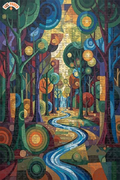 Teona Ahşap Colorful Forest Stream Oil Painting Look Modern Double-Decker Fra...