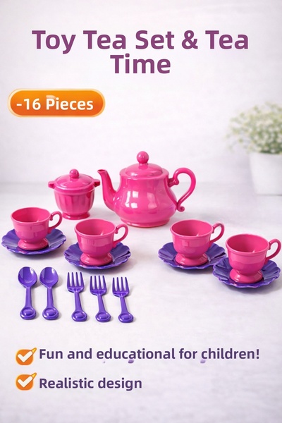 a v d a طقم شاي لعبة 16 قطعة لوقت الشاي - لعبة مطبخ بلاستيكية للفتيات