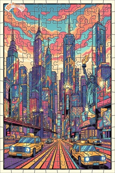 Teona Ahşap New York Artist Style Linear Look Double Layer Framed Wooden Puzz...