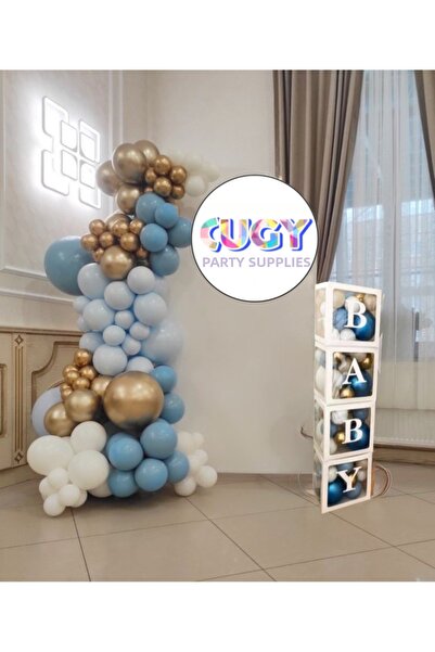 cugy parti malzemeleri مجموعة بالونات بيضاء شفافة مع كتابة 'بيبي' باللون الأز...
