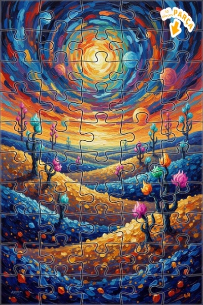 Teona Ahşap Galaxy Flowers Oil Painting Look Double Layer Framed Wooden Puzzl...