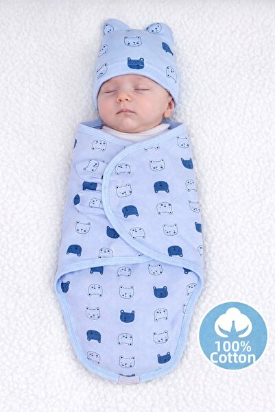 moukou 0-4 Months Baby 100% Cotton Swaddle and Hat, Velcro Fastener, Soft Com...