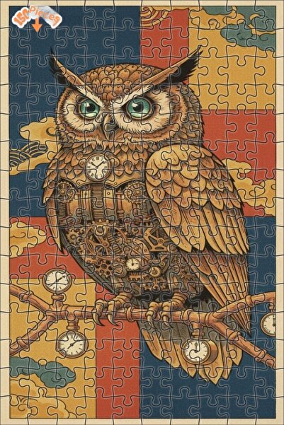 Teona Ahşap Mechanical Owl Oil Painting Look Steampunk Double-Decker Framed W...