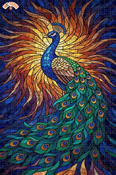 Teona Ahşap Majestic Peacock Stained Glass Art Double Layer Framed Wooden Puz...