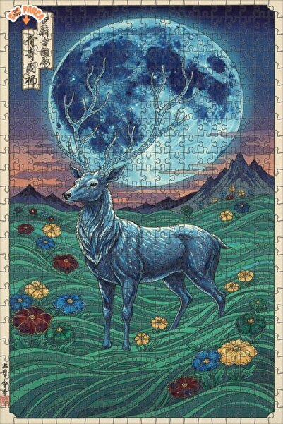 Teona Ahşap Magical Deer Moon Landscape Oil Painting Look Wooden Puzzle 500 P...