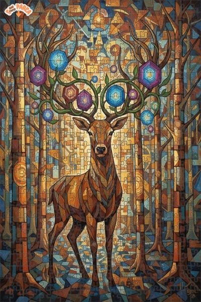 Teona Ahşap Magical Forest Deer Oil Painting Look Modern Double-Decker Framed...