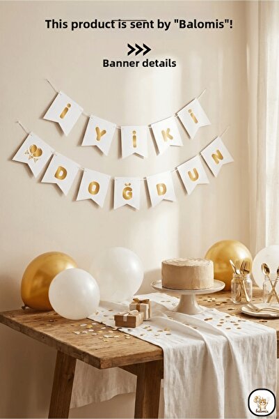 BALOMİS White Gold Gilded Happy Birthday Banner 180 cm Birthday Wall Decoration