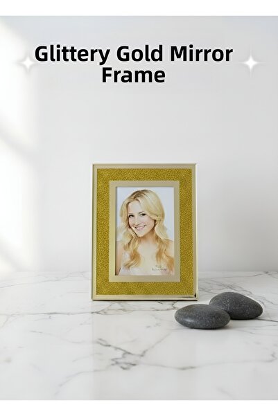 EVİMDM Silvery Mirrored Gold Frame – Decorative Desktop Photo Frame (10X15 cm)
