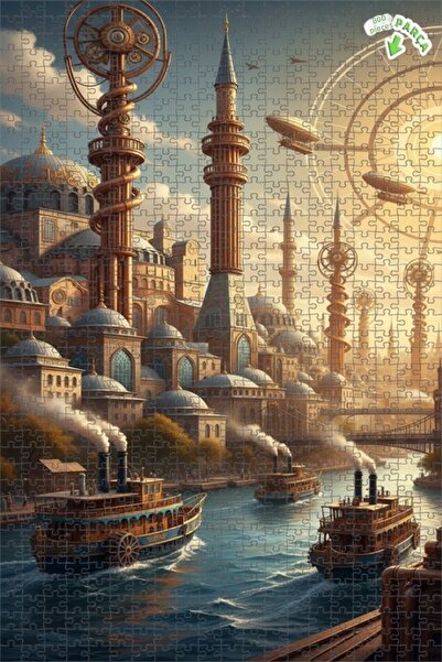 Teona Ahşap لوحة زيتية لمنظر مدينة مستقبلية مع سفينة بخارية، لغز خشبي بإطار ذ...