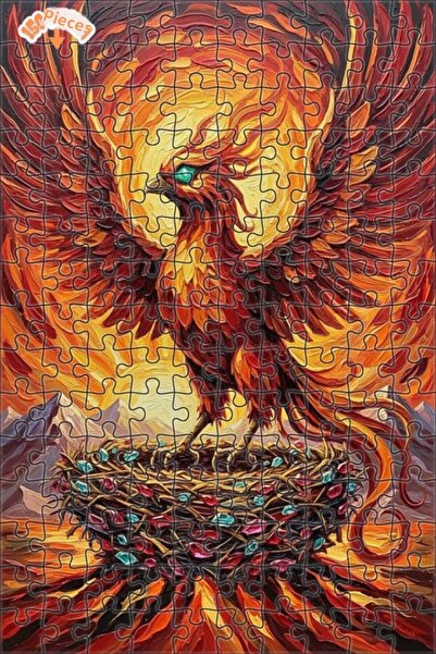 Teona Ahşap Flaming Phoenix Oil Painting Look Wooden Puzzle Double Layer Fram...