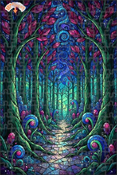 Teona Ahşap لغز خشبي مؤطر بطبقتين من فن الزجاج الملون لطريق الغابة السحرية 15...