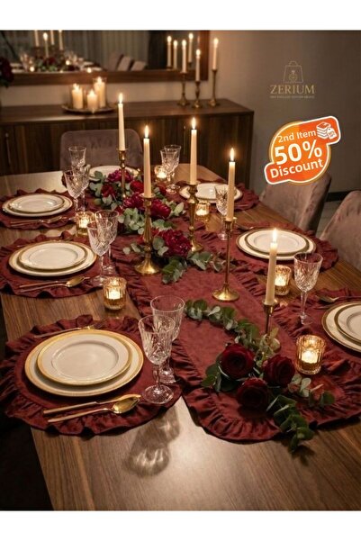 ZERİUM Ruffled Raw Linen 7-Piece Runner and Placemat Stylish Tableware & Pres...