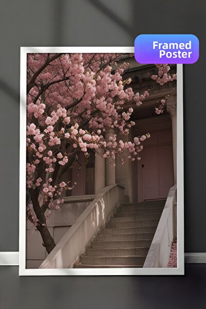 Postifull Pictură înrămată cu scară cu flori, cadru alb și poster, pictură mu...