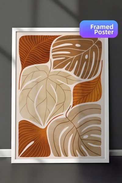 Postifull Tablou înrămat cu frunze calde, cadru alb și poster, pictură vertic...