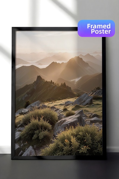 Postifull Tablou înrămat peisaj la răsărit de soare, cadru negru și poster, p...