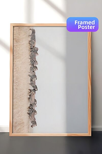 Postifull Tablou înrămat cu zebre, cadru din lemn și poster, pictură orizonta...