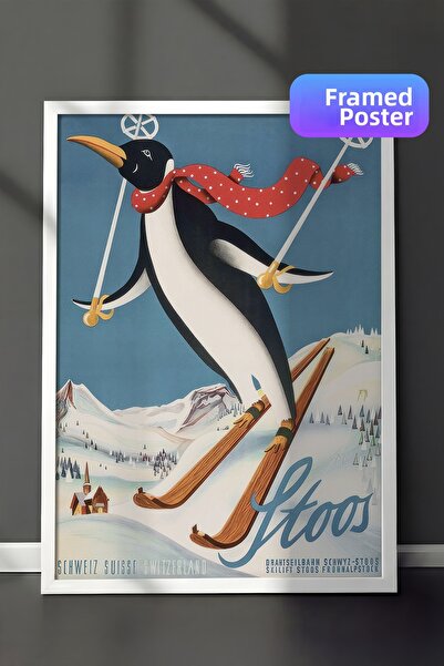 Postifull Pictură înrămată cu pinguin vintage Stoos, pictură verticală pe per...