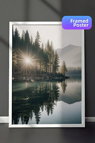 Postifull Πίνακας με κορνίζα Morning View Lake, λευκό πλαίσιο και αφίσα, ζωγρ...