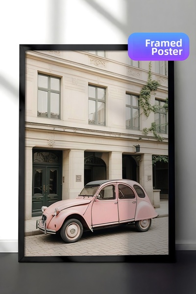 Postifull Pictură înrămată cu mașină retro roz, cadru negru și poster, pictur...