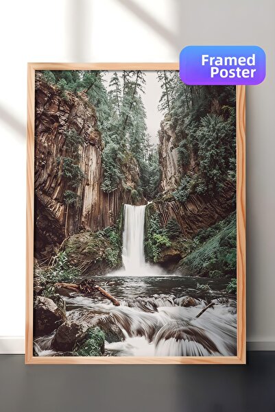 Postifull Pictură înrămată cu cascadă în pădure, cadru din lemn și poster, pi...